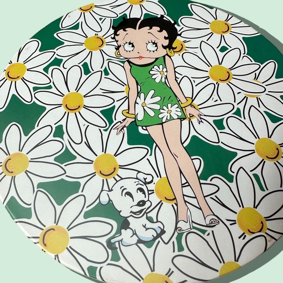 Vintage Betty Boop Green Stripe Daisy Round Paper Storage Box W/Ribbon Handle - Picture 4 of 7